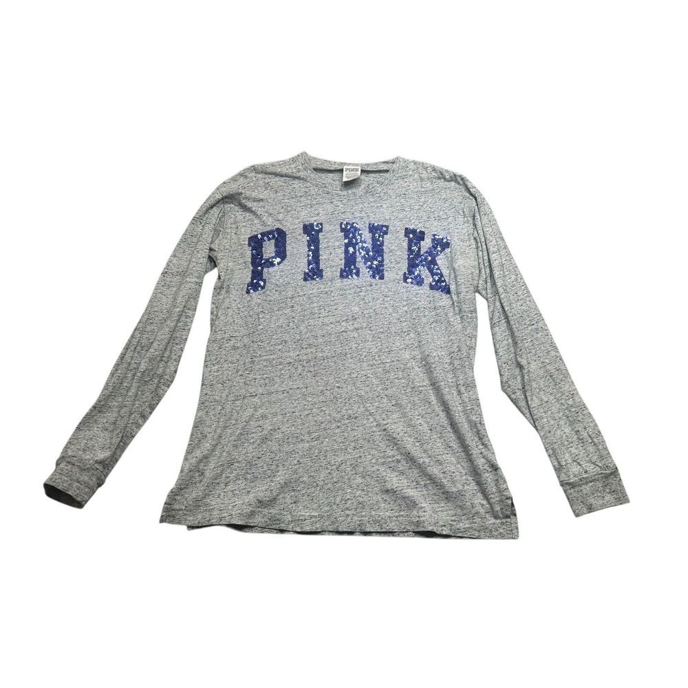 Victoria's Secret PINK Women's XS Gray Long Sleeve Crewneck Purple Sequins